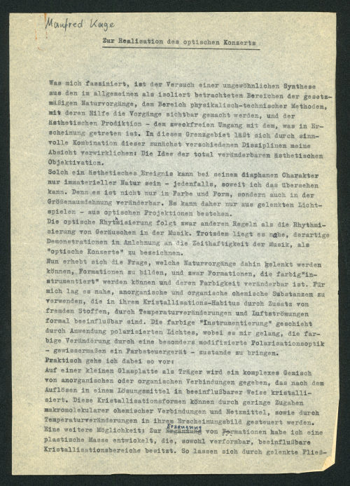 Manfred Kage (Verfasser*in), Zur Realisation des optischen Konzerts, 12.04.1961