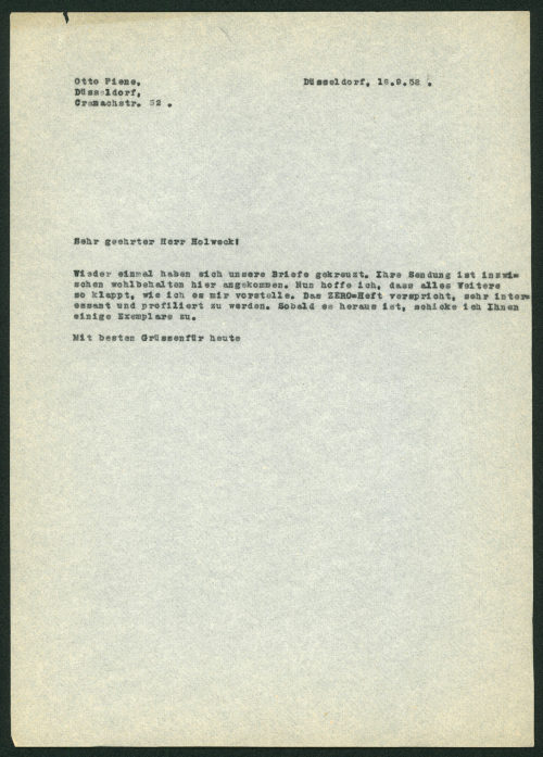 Otto Piene (Absender*in), Korrespondenz von Otto Piene an Oskar Holweck, 18.09.1958