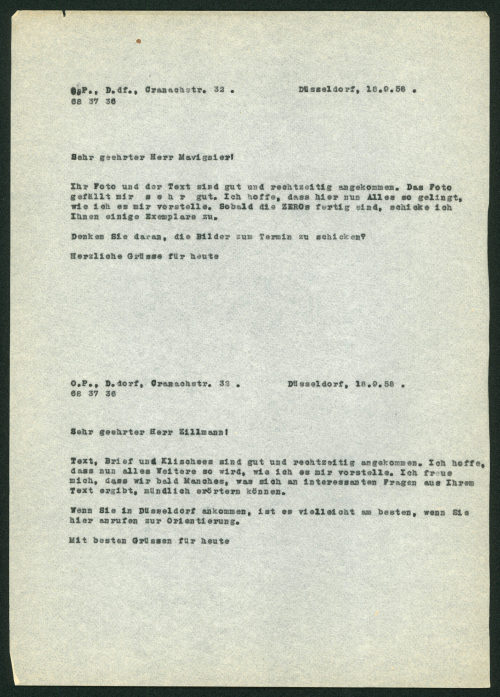 Otto Piene (Absender*in), Korrespondenzen von Otto Piene an Almir Mavignier und Adolf Zillmann, 18.09.1958