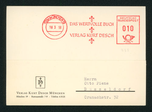 Verlag Kurt Desch (Absender*in), Korrespondenz vom Verlag Kurt Desch an Otto Piene, 19.03.1958