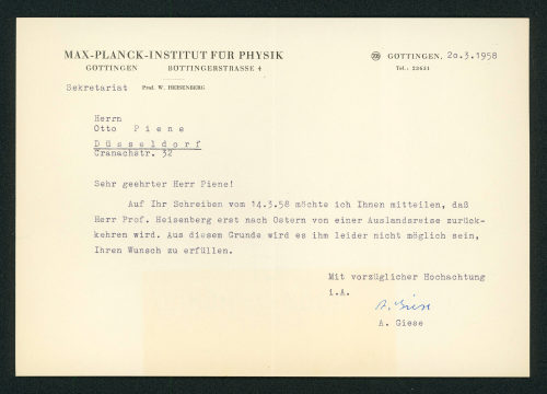 Werner Karl Heisenberg (Absender*in), Korrespondenz von Prof. W. [Werner] Heisenberg, Max-Planck-Institut für Physik, an Otto Piene, 20.03.1958