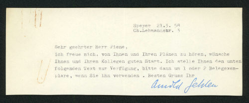 Arnold Karl Franz Gehlen (Absender*in), Korrespondenz von Arnold Gehlen an Otto Piene, 21.03.1958