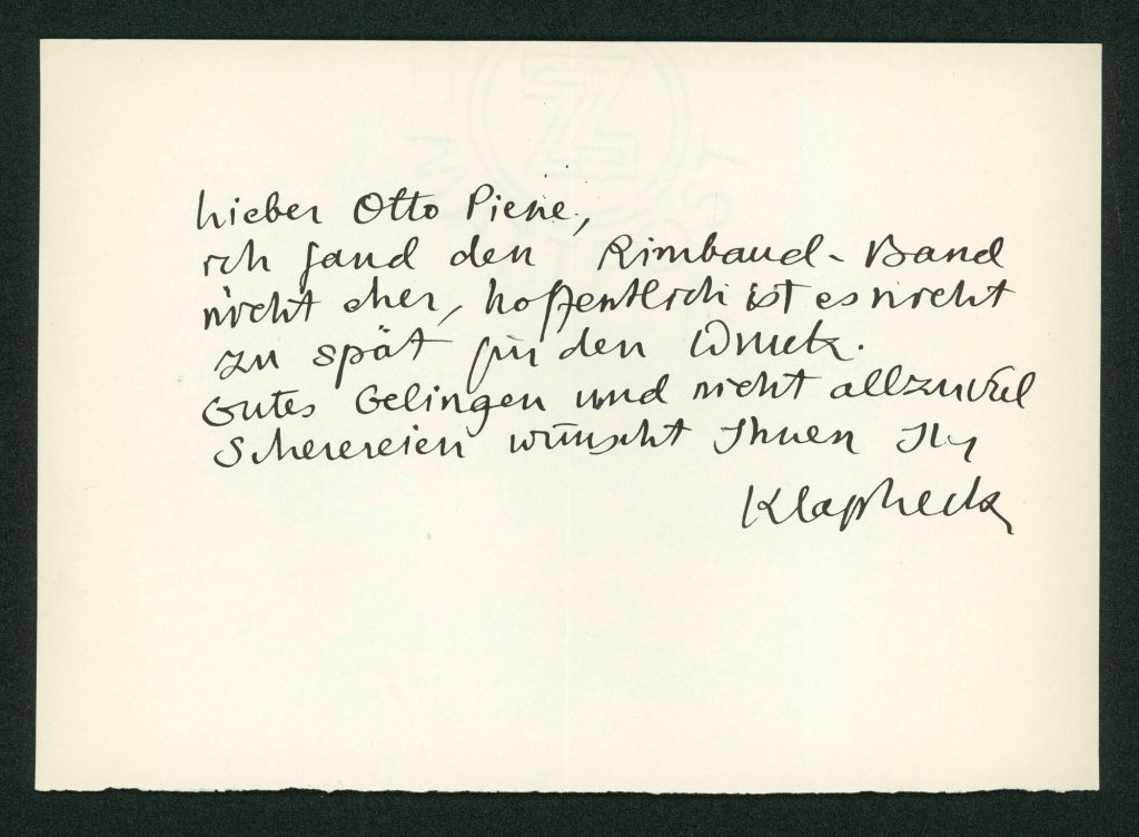 Korrespondenz von Konrad Klapheck an Otto Piene