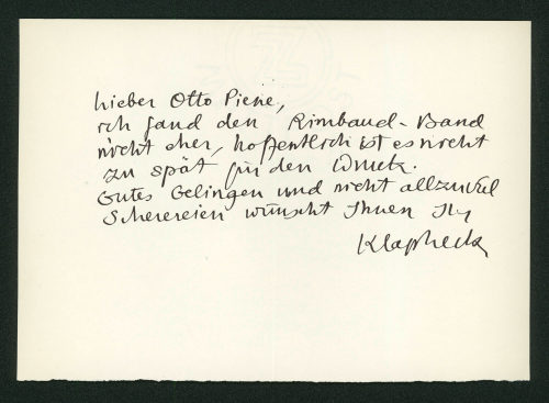 Konrad Klapheck (Absender*in), Korrespondenz von Konrad Klapheck an Otto Piene, Ohne Datum