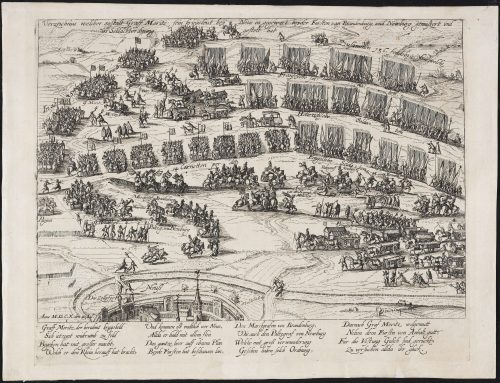 Werkstatt Hogenberg (Kupferstecher*in), Truppenschau durch Moritz von Oranien vor Neuss, 1610