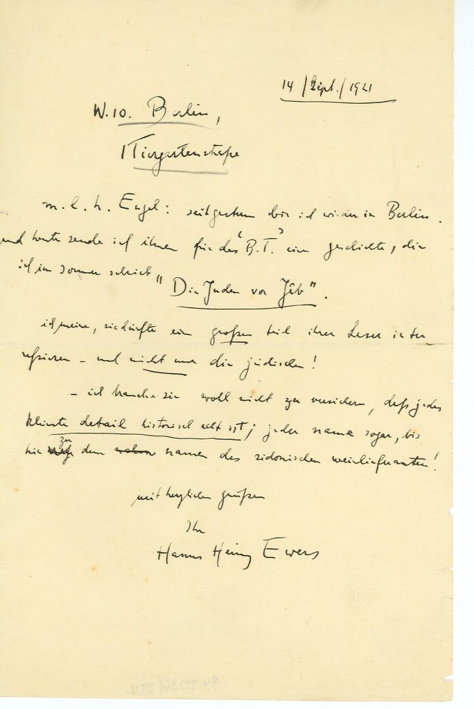 Brief von Hanns Heinz Ewers