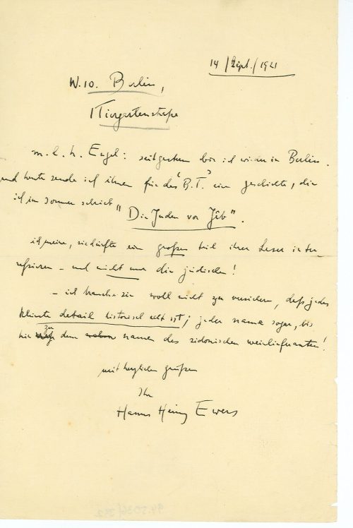 Brief von Hanns Heinz Ewers