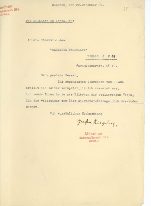 Brief von Joachim Ringelnatz