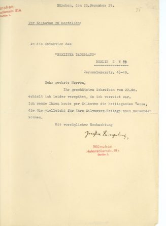 Brief von Joachim Ringelnatz