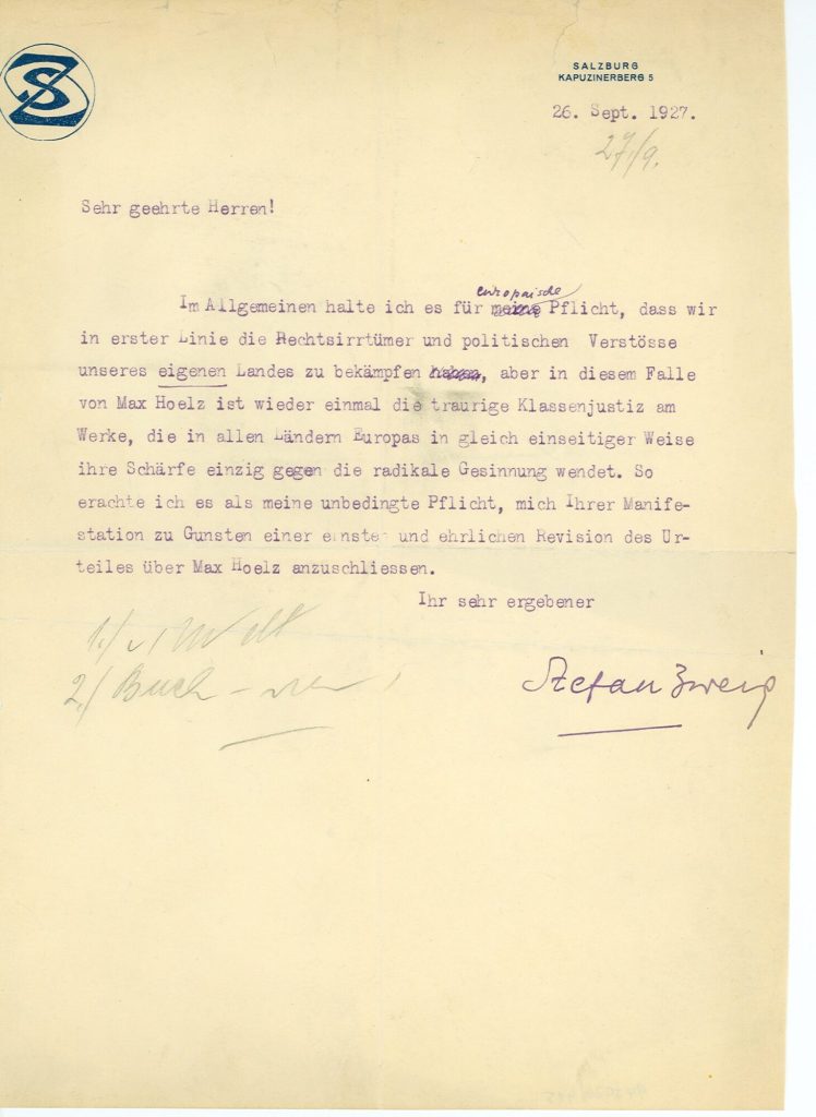 Brief von Stefan Zweig