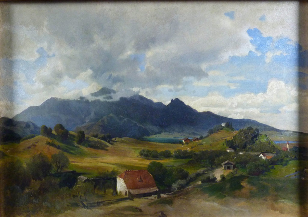 Julius Rollmann, Gebirgslandschaft mit Blick von der Kohlleite mit alter Mühle auf Kochelsee, H ...