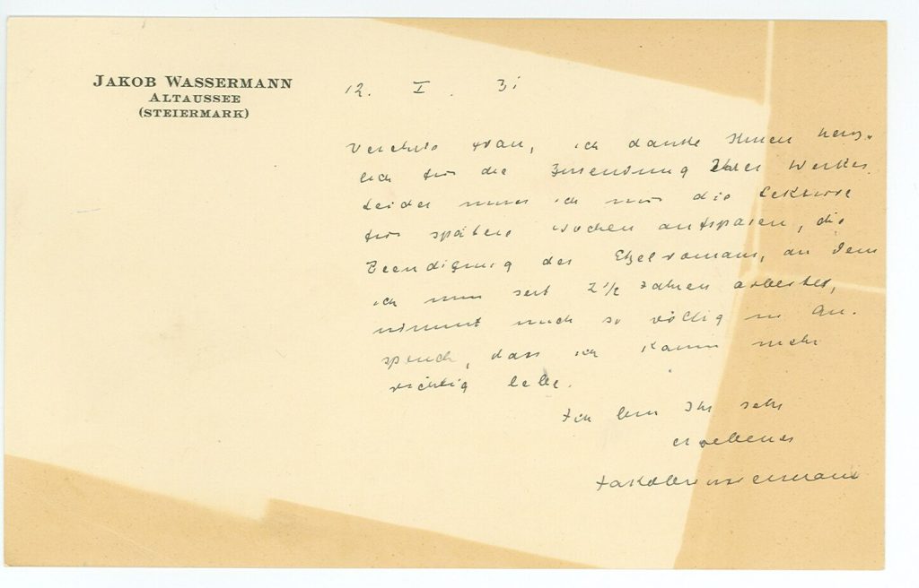 Brief von Jacob Wassermann