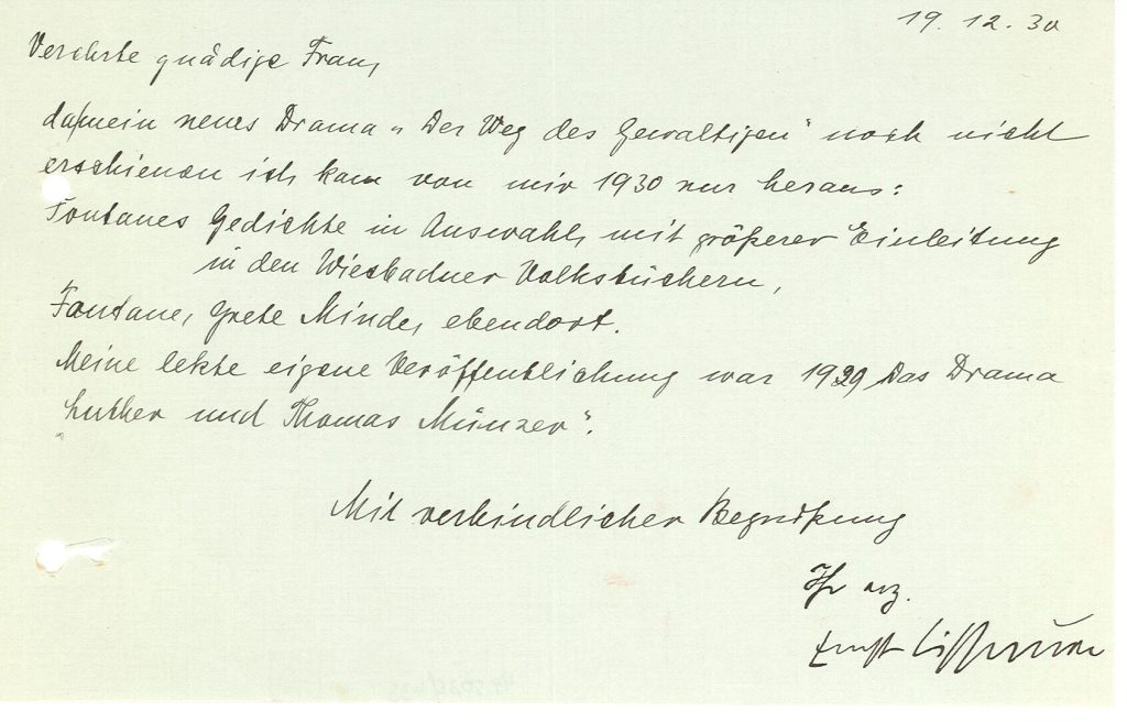 Brief von Ernst Lissauer