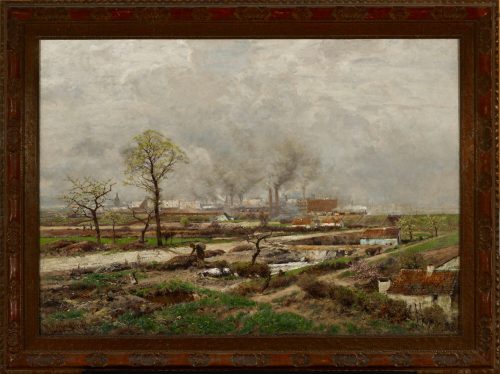 Industrielandschaft bei Düsseldorf mit der Köln - Mindener Eisenbahnstrecke, 1897