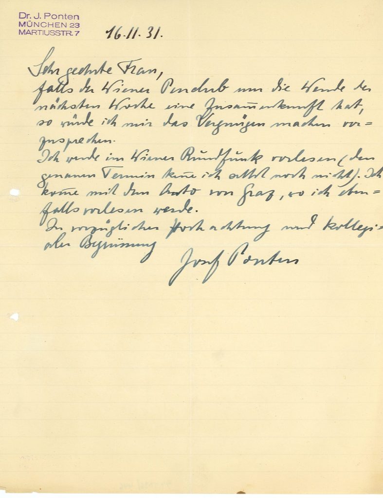 Brief von Josef Ponten