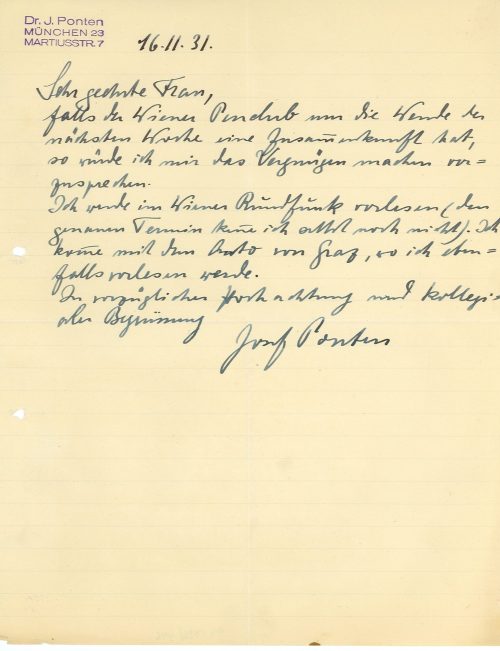 Brief von Josef Ponten