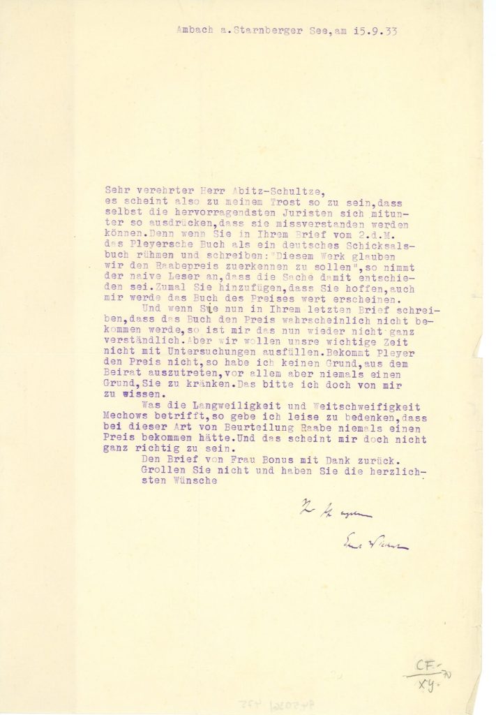 Brief von Ernst Wiechert