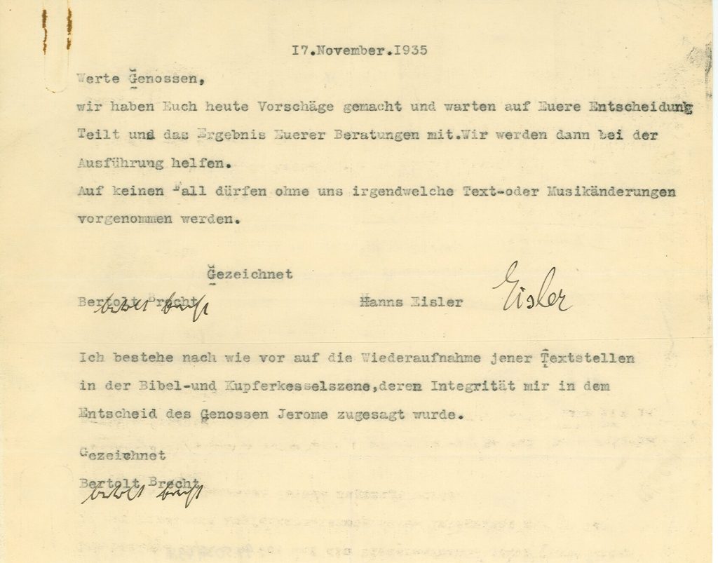 Brief von Bertold Brecht und Hanns Eisler