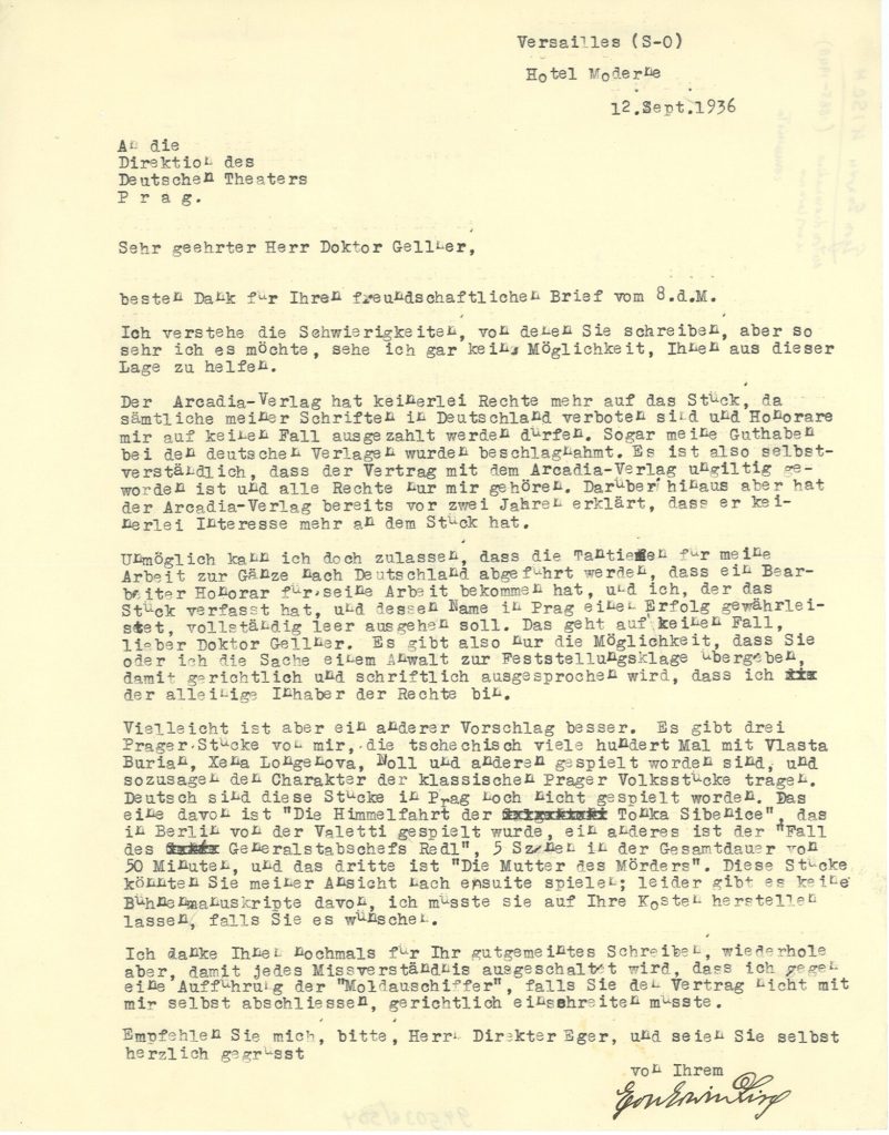 Brief von Egon Erwin Kisch