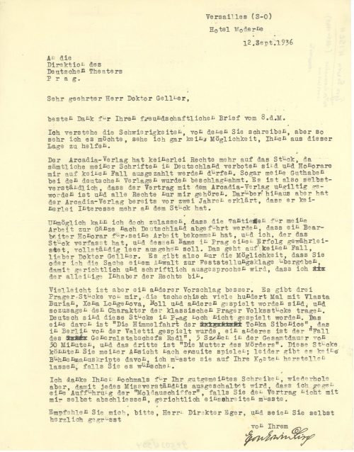 Brief von Egon Erwin Kisch