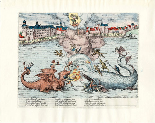 Franz Hogenberg: "Drache und Walfisch auf dem Rhein". In: Beschreibung derer Fürstlicher Güligs ...