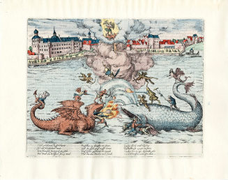 Franz Hogenberg: "Drache und Walfisch auf dem Rhein". In: Beschreibung derer Fürstlicher Güligs ...