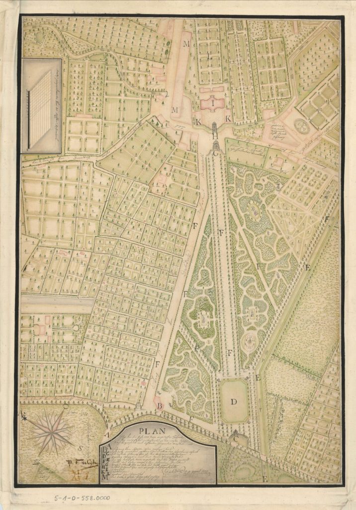 Grundriss des 1770 neu angelegten Hofgartens mit Hecken, Plätzen, Skulpturen und Toren