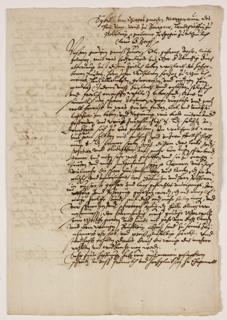 Brief der Markgräfin Sybilla von Burgau, Schwester des Herzogs Johann Wilhelm I.