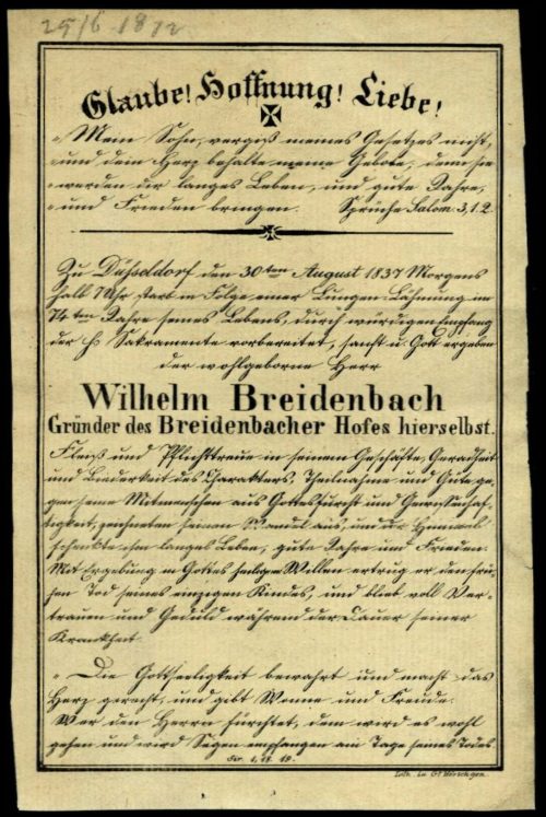 Totenzettel für Wilhelm Breidenbach, 1837