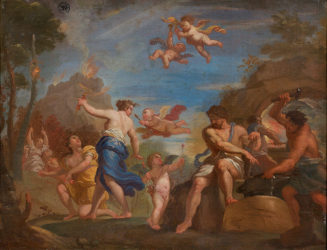 Giovanni Antonio Grecolini, Die Erziehung Amors in der Schmiede des Vulkan (Ölskizze), ca. 1719 ...