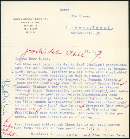 Otto Piene (Empfänger*in), Korrespondenz von John Anthony Thwaites an Otto Piene, 23.06.1962