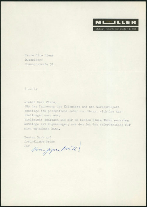 Otto Piene (Empfänger*in), Korrespondenz von Hans-Jürgen Müller (Galerie Müller, Stuttgart) an Otto Piene, 06.11.1961