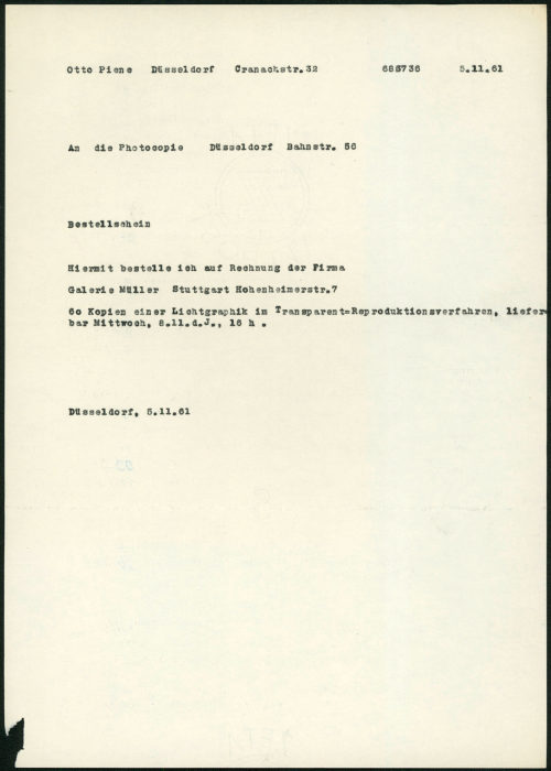 Otto Piene (Absender*in), Korrespondenz von Otto Piene an die Photocopie (Düsseldorf), 05.11.1961