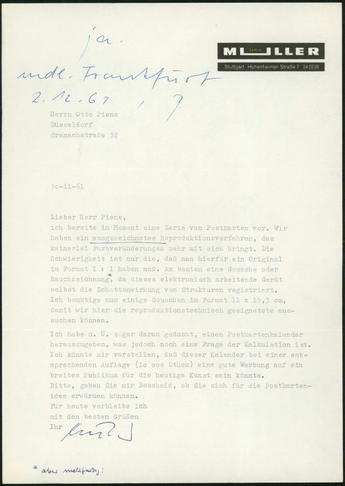 Otto Piene (Empfänger*in), Korrespondenz von Hans-Jürgen Müller (Galerie Müller, Stuttgart) an Otto Piene, 30.11.1961
