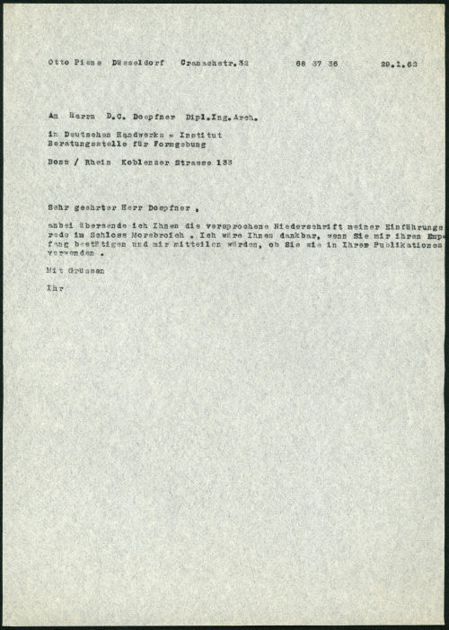 Otto Piene (Absender*in), Korrespondenz von Otto Piene an D.C. Doepfner, Deutsches Handwerks-Institut, 29.01.1962