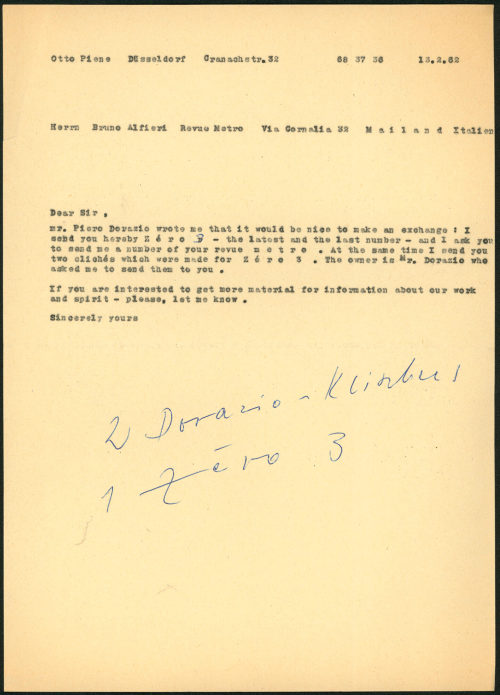 Otto Piene (Absender*in), Korrespondenz von Otto Piene an Bruno Alfieri, Revue mETRO, 13.02.1962