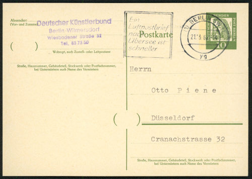 Deutscher Künstlerbund (Absender*in), Korrespondenz vom Deutschen Künstlerbund an Otto Piene, 21.03.1962