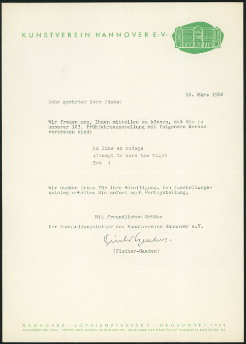 Kunstverein Hannover e.V. (Absender*in), Korrespondenz vom Kunstverein Hannover e.V. an Otto Piene, 16.03.1962