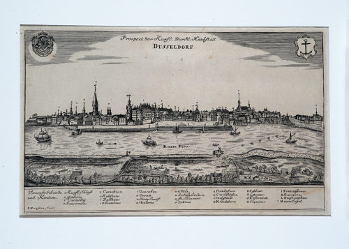 P. M. Maassen (Kupferstecher*in), Prospect der Kurfl. Durchl. Haubtstatt Dusseldorf, um 1755