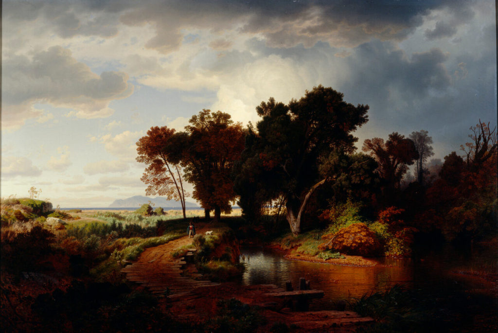 Andreas Achenbach, Große Herbstlandschaft aus den Pontinischen Sümpfen mit Korkeichen (Herbstmo ...