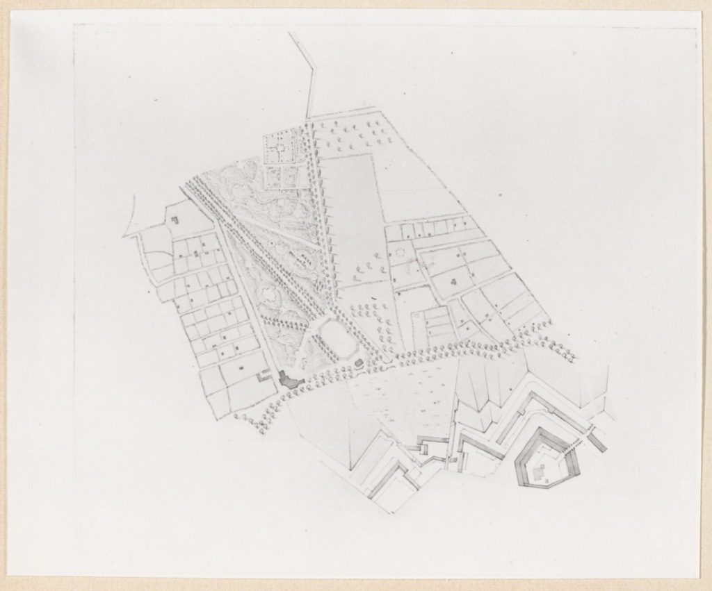 Plan auswendiger Hofgarten und den umliegenden Gärten vom Hofgärtnerhaus bis Schloss Jägerhof mit den noch vorhandenen Festungsbauten