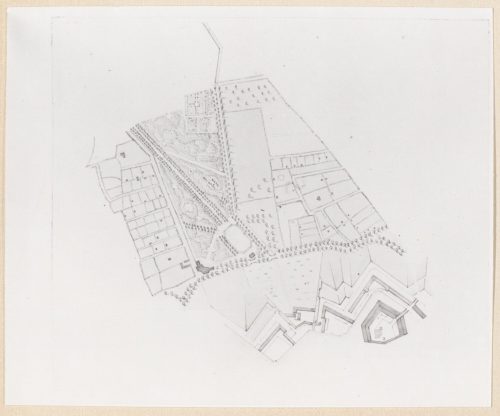 Plan auswendiger Hofgarten und den umliegenden Gärten vom Hofgärtnerhaus bis Schloss Jägerhof mit den noch vorhandenen Festungsbauten, vor 1801