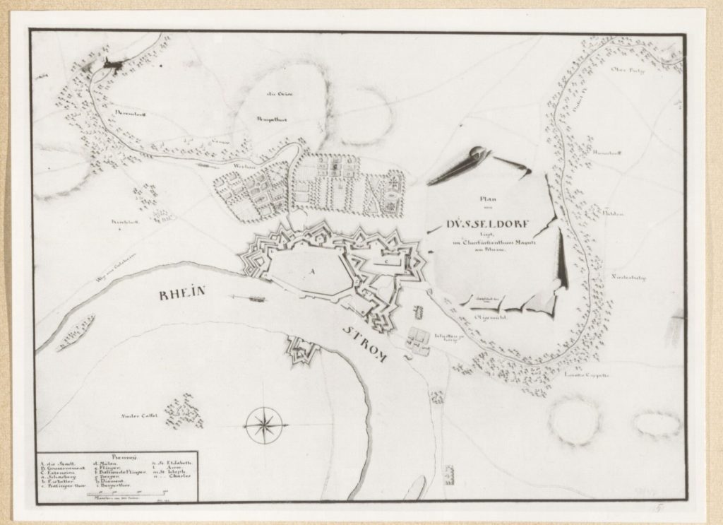 Plan von Düsseldorf, liegt im Chur-fürstenthum Mayntz am Rheine. Festung und ausserhalb liegende Gärten 1770