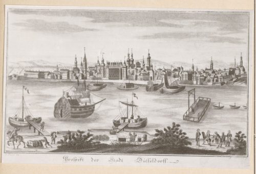 A. Sommer (Kupferstecher*in), Prospekt der Stadt Düsseldorff. Rheinfront, spätes/ late 18. Jahrhundert/ Century