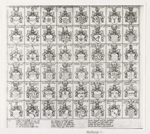 Franz Hogenberg (Kupferstecher*in), Beschreibung derer Fürstlicher Güligscher ec. Hochzeit: Wappentafeln zum Ringstechen, 1587