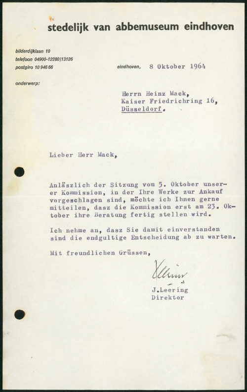 Van Abbemuseum (Absender*in), Korrespondenz von Van Abbemuseum an Heinz Mack, 08.10.1964