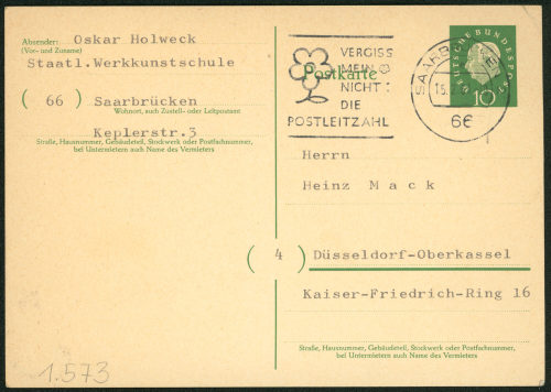 Oskar Holweck (Absender*in), Korrespondenz von Oskar Holweck an Heinz Mack, 12.02.1963