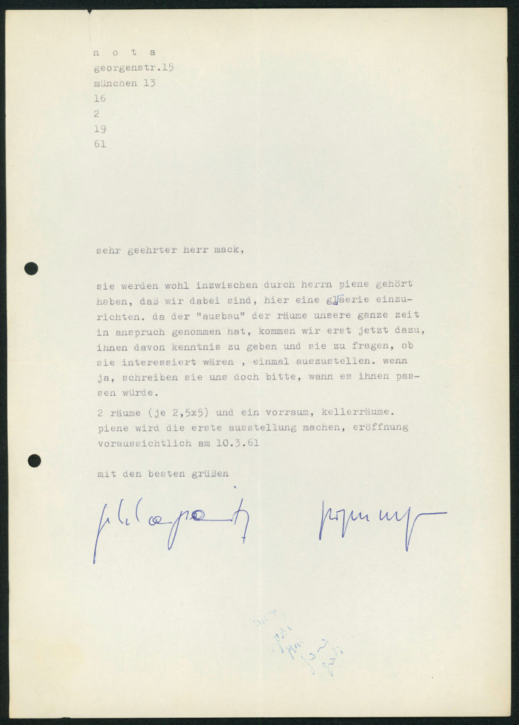 Korrespondenz von der Galerie Nota an Heinz Mack