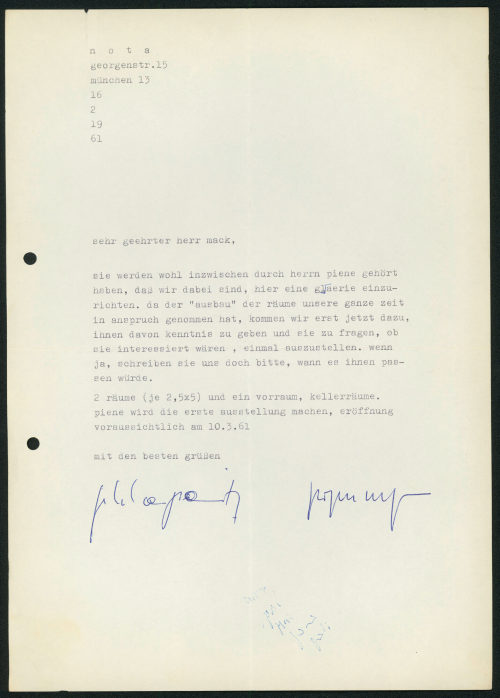 nota (Absender*in), Korrespondenz von der Galerie Nota an Heinz Mack, 16.02.1961