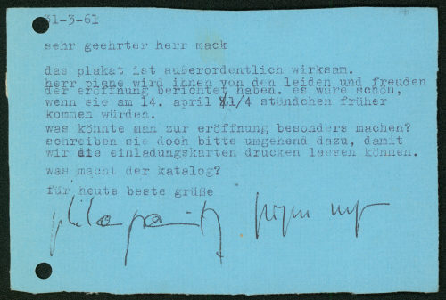 Heinz Mack (Empfänger*in), Korrespondenz von der Galerie nota an Heinz Mack, 31.03.1961